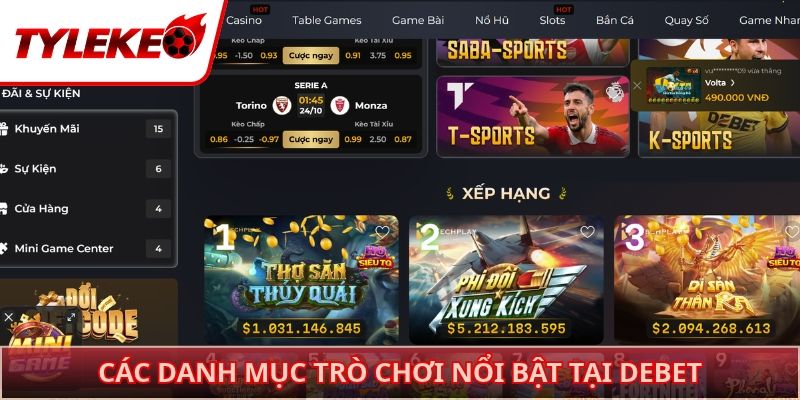 Các danh mục trò chơi nổi bật tại DEBET